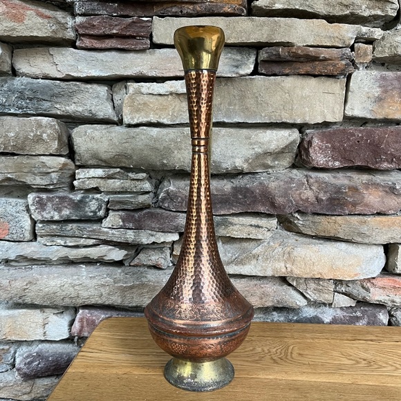 VTG Copper Ewer Brass Pedestal Hammered Etched Turkey Boho Pitcher India Decor - Picture 9 of 10